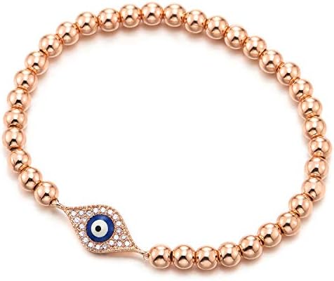 COOLSTEELANDBEYOND Rose Gold Beads Bracelet for Women Men with Cubic Zirconia Protection Evil Eye
