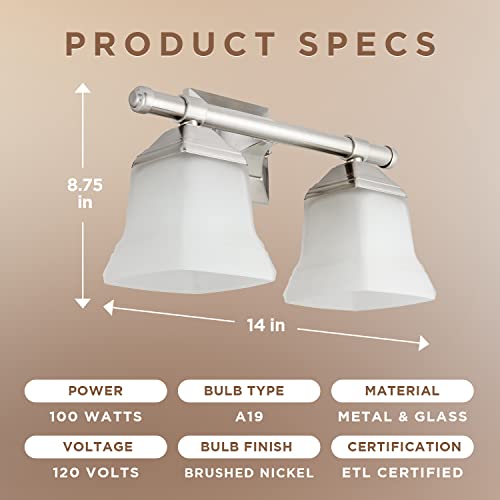 Image of Diodesy- 14-Inch Bathroom Vanity Square Bell Sconce 2-Light Fixture 100W Max E26 Medium Base Sockets Use A19 Bulb(Not Included) Brushed Nickel & Frosted Glass Shade ETL Listed- For Living Room Bedroom