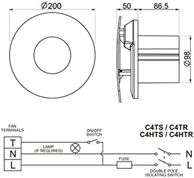 Wiring diagram for Xpelair C4HTR fan and dimensional drawing