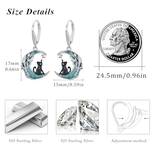 MEDWISE Black Cat Earrings for Women 925 Sterling Silver Leverback Cute Animal Crescent Moon Dangle Drop Earrings Hypoallergenic Cats Lover Halloween Gifts2