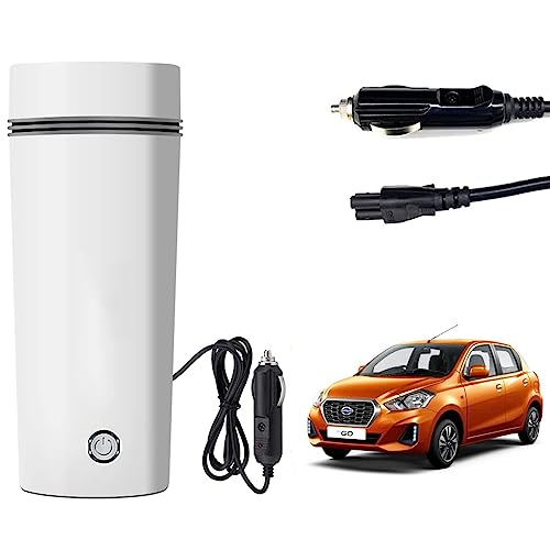 Image of Oshotto 12V Portable Electric Water Bottle for Hot Water Tea Coffee Kettle Mug Multipurpose Food Grade Fast Boil Auto Shut-off For Travel Camping, Road Trip Compatible with Datsun Go (350ml) - White