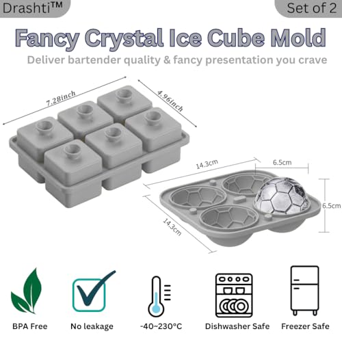 Image of Premium Combo of Large 3D Crystal Square Ice Cube Tray & Football Shaped Silicone Molds for Chilling Drinks, Chocolates, Juice, Jelly and Many More. Pack of 2 (Gray)