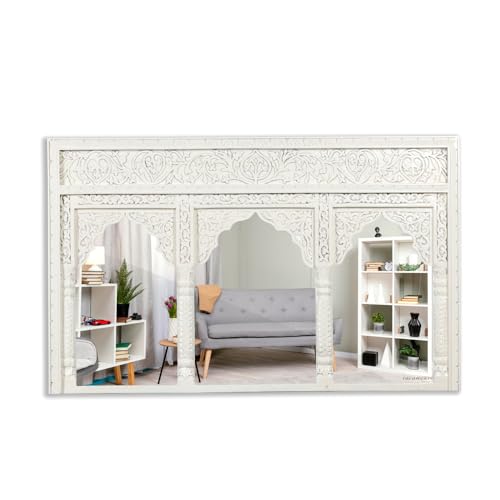 Image of JAE Furniture Kani Wooden Carved Mirror Full Length | Handcrafted Three Arch Long Mirror for Living Room, Wall Decoration, Entryway | Vintage Decorative Solid Wood Wall Mirror Frame | White Distress
