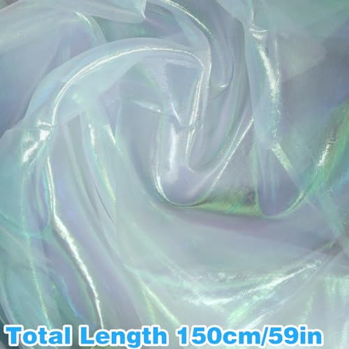Magic Laser Holographic Fabric, 59in Iridescent Sequin Gradient Organza Lace for Wedding Photography Background Dress Party DIY Supplies, White - Thumbnail 6