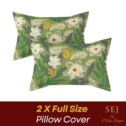 Image of SEJ by Nisha Gupta Bedsheet for Double Bed with Pillow Cover | 300 Tc Cotton Feel Microfibre Floral Printed Soft Bed Sheet & Wrinkle Free | Perfect for Home Decor | Size 230 X 240 Cm Green