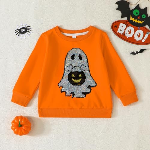 Noubeau Toddler Girls Halloween Sweatshirt Boys Sequin Ghost Ruffle Sleeve T-Shirt Pullover Tops Kids Fall Winter Clothes3