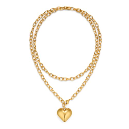 CLASSYZINT Gold Puffy Heart Necklace Layered Choker Necklace Chain Link Necklace with Heart Pendant Boho Long Heart Pendant Necklace