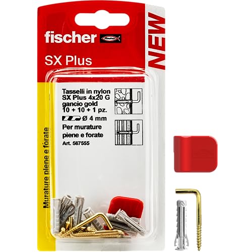 Fischer 5675555 Lot de 10 crochets carrés en laiton avec chevilles 4 mm et clip de fixation, installation propre sur mur pour cadres lourds