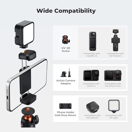 Image of K&F CONCEPT 25.6'' Mini Selfie Stick Tripod Stand, 5 Levels 360 Ball Head Pocket Tripod with Cold Shoe, Small Tripod Compatible with DJI Osmo Pocket 3 Action 5 Pro GoPro Hero13 Smartphone.