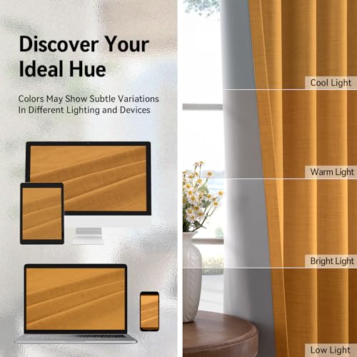 Image of 100% Blackout Shield Linen Textured Total Blackout Curtains for Bedroom 90 Inches Long, Mustard Yellow Grommet Curtains for Living Room, Thermal Insulated Room Darkening Drapes, 50 inchW x 90 inchL, 2 Panels