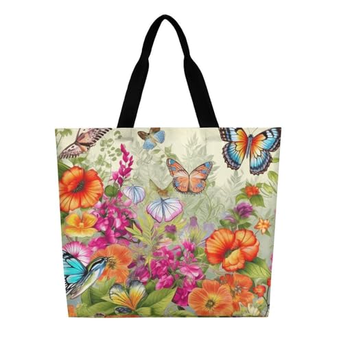 Birds Flowers Butterfly Large Grocery Tote Bag Women Fashion Handbag Duty Reusable Shoulder Bag for Travel Vacation Shopping Beach Bags3
