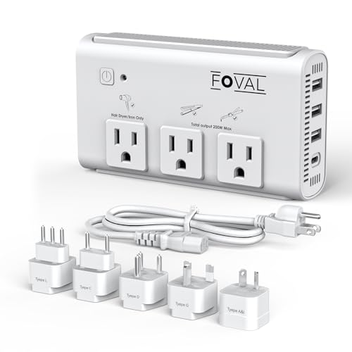 220V to 110V Travel Voltage Converter, FOVAL 2000W International Power Converter for Hair Dryer, Straightener/Curling Iron with 4-Port USB (1 USB C), Step Down Transformer for US/EU/UK/AU/Italy/India