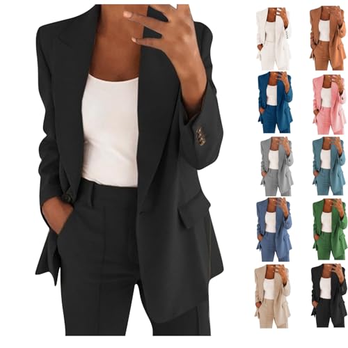 Generisch Jersey Blazer Damen, Elegant Langarm Einfarbig Mantel Jacke Revers Geschäft Büro Anzugjacke Lang Mit Tasche Sakko Anzug Business Longblazer Frühling Sommer Herbst...