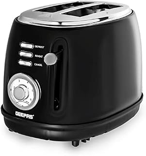 Geepas 2 Slice Bread Toaster with 6 Level Browning Control | Removable Crumb Tray, Defrost, Reheat & Cancel Function, Cord Storage | 2 Year Warranty, Stainless-Steel Housing, 850W, Black