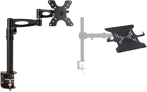 Miniatura 1 de Monoprice 105402 Soporte de escritorio para monitor inclinable ajustable de 3 vías, negro y accesorio para portátil