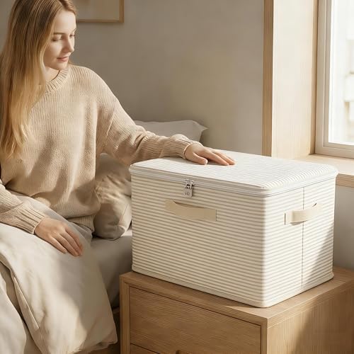 Discreet Lockable Adult Toy Box Storage Organizer with Zipper Lid, 15x10x10 Inch Large Capacity Travel Case, Secure Lock Privacy Bag for Women & Men Clothes Container(Beige Stripes) — view 6