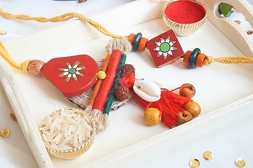 UtsaWe Rakhi Gift Box | Gift Box With Stylish Traditional Couple Rakhi Inside + Roli, Chawal, Greeting Card, Thali Set, and Chocolates | Rakhi Gift Hamper (Stylish Couple Rakhi)2