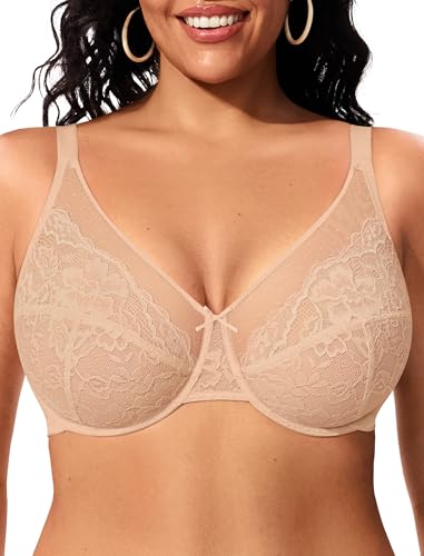 ProKloud Minimizer Bras for Women Full Coverage Plus Size Underwire Bras Supportive Lace Enchante Bra for Large Breast Warm Beige
