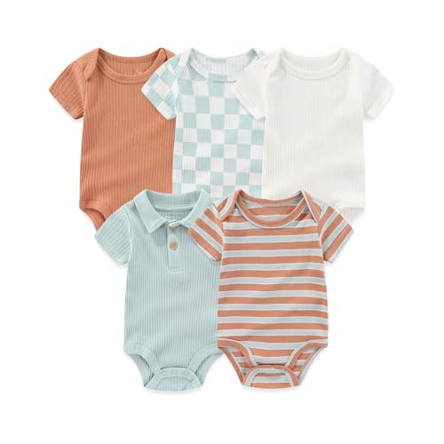 Image of MAMIMAKA Newborn Baby Short Sleeve Bodysuits Cotton One-Piece Baby Boy Girl Clothes 5-Pack