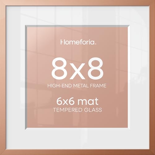 Image of Homeforia Rose Gold Frame 8x8, High End Metal 8 x 8 Square Picture Frames with Mat 6 x 6 Art, 8x8 Photo Frame Matted to 6x6 inch Print, 8by8 Wall or Tabletop Frames, Tempered Glass, Wall Kit, Set of 2