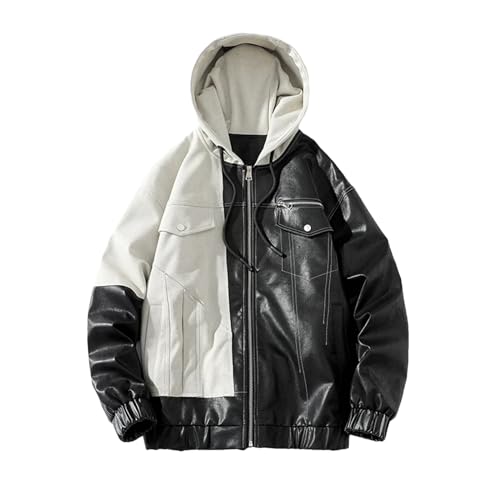 Veste en faux cuir pour homme avec capuche style patchwork et coupe oversize confortable