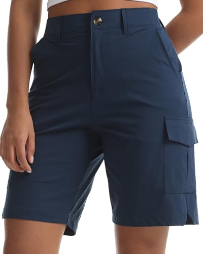 Yoglegins Women's Lightweight Hiking Cargo Shorts for Running Athletic Camping Travel Golf - Water Resistant with 5 Pockets(Navy Blue, Medium)