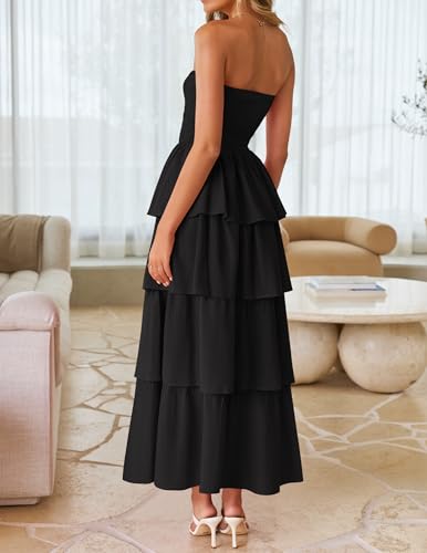 Image of ZESICA Women's Summer Boho Strapless Maxi Dress 2026 Casual Sleeveless Off Shoulder Smocked Tiered Beach Long Sundress