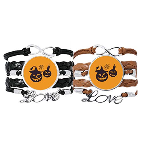 Bracelet Amour Couple Cuir Corde Motif Halloween Citrouille et Bougie