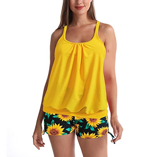 Swimming Suits for Women Blouson Tankini Swimsuits for Women Modest Push Up Top with Sporty Boy Shorts 2 Piece Bathing Suit Loose Fit Swimwear Yellow Plus Size Swim Suit 2X