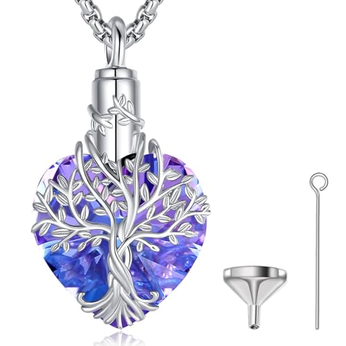 EUDORA Harmony Ball Collana con Urna per Donna Albero Della Vita, Ciondolo con Urna di Cristallo a Forma di Cuore in Argento Sterling 925 per Ceneri, Regalo Commemorativo per Cremazione, 22'