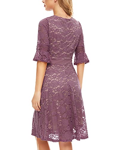 Women Lace Cocktail Dress Flare Swing Vintage Tea Dress for Wedding Guest Pink Purple Small