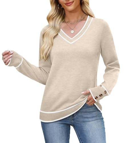 Image of WIHOLL Lightweight Sweaters for Women Long Sleeve V Neck Knit Outfits with Decorative Buttons