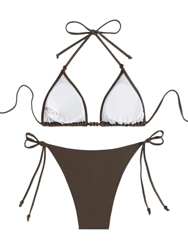 ZAFUL Women's Sexy Halter Bikini Sets Beads Tie Side Solid Triangle Thong Swimsuit Two Piece Cheeky Bathing Suits4