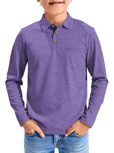 Image of Haloumoning Boys Long Sleeve Polo Shirts Kids Casual Button School Uniform Shirts with Chest Pocket 5-14 Years
