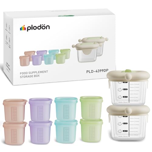 Plodon 7oz Borosilicate Glass Baby Food Storage Jars with Silicone Lid Set (2 PCS), 1.7oz Airtight Silicone Cups (8 PCS) Baby Food Containers, Microwave Dishwasher Freezer Safe (Infant and Babies)