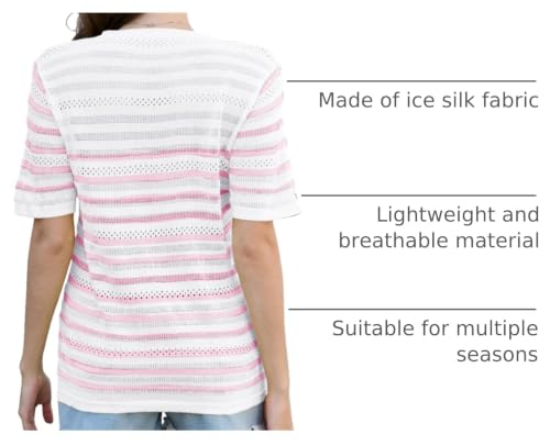 Image of ANCAPELION Women's Short Sleeve Sweater Top Striped Knit Crew Neck Pullover for Summer Trendy Shirts