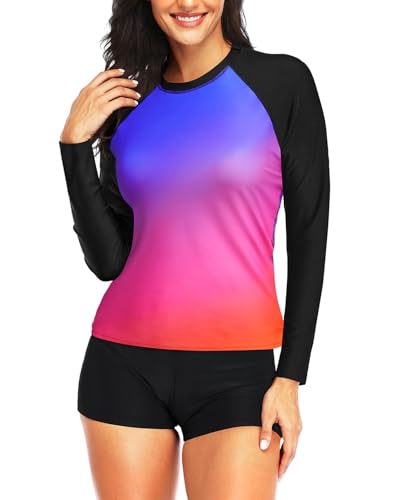 Image of Daci Women Two Piece Rash Guard Long Sleeve Swimsuits UV UPF 50+ Swim Shirt Bathing Suit with Boyshort Bottom