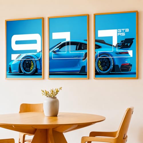 Image of HOMESY Sports Cars Framed Posters Gift Items for Boys Room | Wall Decoration for Bedroom Living Room Office Gaming Room Decor | Sports Cars Poster with Frame for Wall Decor Set Of 3 Size (13x17 inch, BROWN)