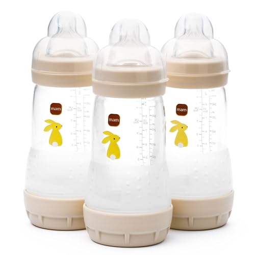 MAM Easy Start Anti-Colic Baby Bottles | 3 Pack (3 x 260) | Self-Sterlising Baby Milk Bottle | Medium Flow MAM Teats Size 2 | Newborn Essentials | Linen (Various Designs)