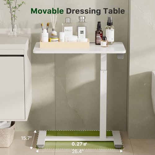 Image of Gibbon Mounts Mobile Standing Desk, Pneumatic Adjustable Rolling Desk(27.5 Inches), Portable Laptop Desk with Wheels, Overbed Bedside Table Laptop Table for Couch, Home, Office, White