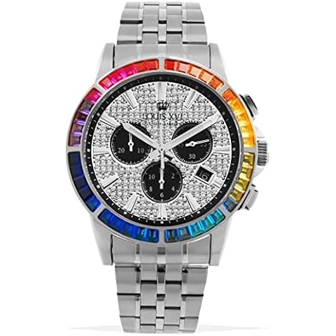 LOUIS XVI Men's Majesté Iced Out Rainbow Steel Strap Silver CZ Diamonds Chronograph Analogue Quartz Stainless Steel Watch 1121 Cover