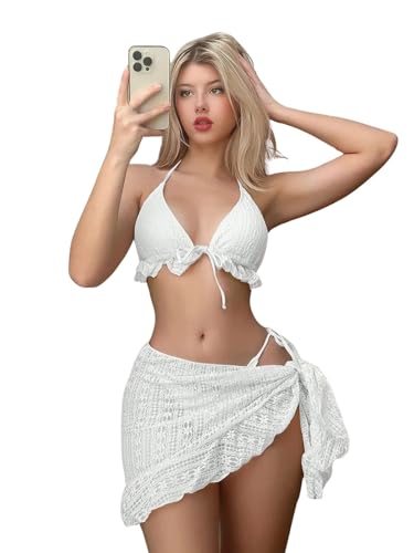 Image of LUXZII Sexy Beach Bikini Set for Women, Women's 3-Piece Crochet Bikini Set with Halter Ruffle Top and Side Tie Cover-Up Skirt - Sexy Swimsuit Beachwear for Summer, Pool, Vacation