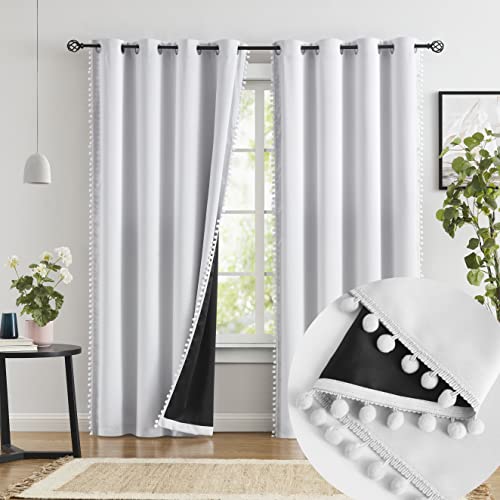 Jubilantex Greyish White 95% Blackout Curtains with Cute Pom Pom Tassels Thermal Insulated Window...