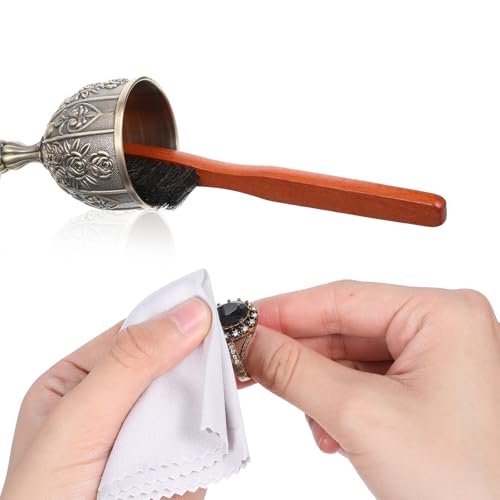 Lusofie Silver Polish Set 4pcs Horsehair Brush with 2pcs Silver Polishing Cloth Jewelry Cleaning Kit for Silverware, Plates and Jewelry Polishing, Detail Cleaning Tool