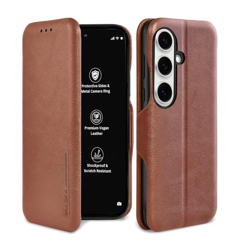 Image of PULOKA for Samsung Galaxy S24 - Sleek Flip Case - Premium Vegan Leather Phone Cover with Card Slot - Slim, Durable, Privacy Protection - Kickstand Function - Elegant Flip Wallet Cases - Brown