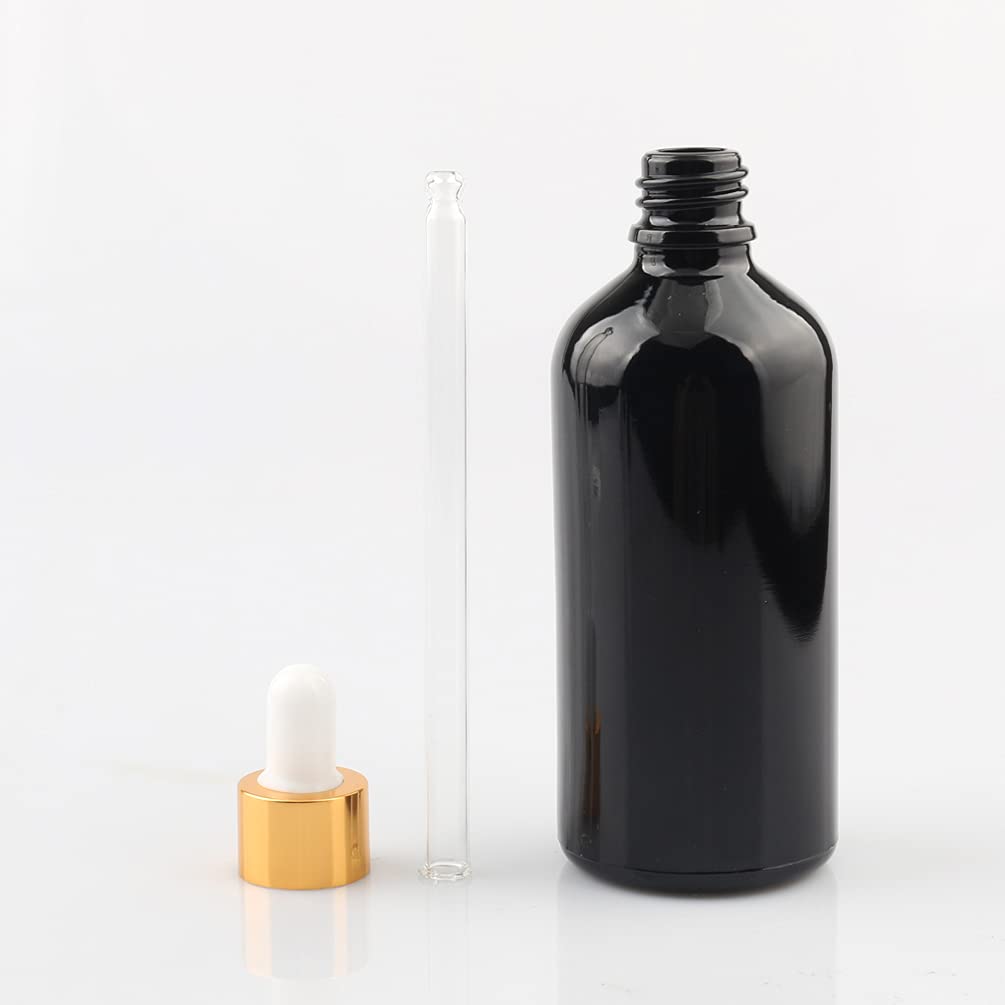 12 Stück 100 ml Leere Glanz Schwarz glasflasche Tropfflasche Pipettenflaschen mit Glaspipette, 100ml Glasflasche mit Tropfpipette mit Gold Schraubverschluss für ätherische Öle, Parfüm Öle