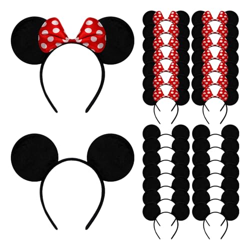 LIANGYUNZE 30 Pack Mouse Ears Headband for Birthday Supplies and Mouse Themed Hair Accessories Costume Cosplay Decoration(Red and Black)