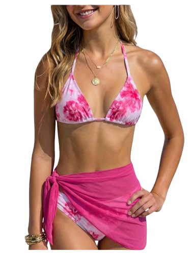 Image of SOLY HUX Girl's Summer Swimsuit Set Floral Halter Triangle Bikini Set with Wrap Skirts Beachwear