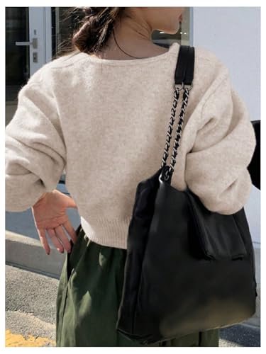 Image of WDIRARA Women's Wrap V Neck Sweater Button Front Long Sleeve Crop Knitted Top