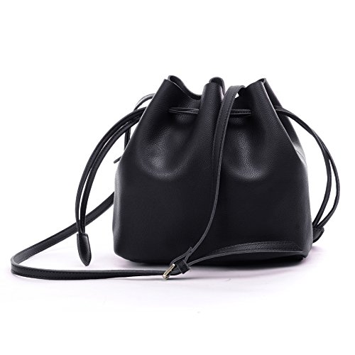 YOUNA Bucket Bag, Genuine Leather Retro Drawstring Bucket Tote Bag For Women With Shoulder Strap Black